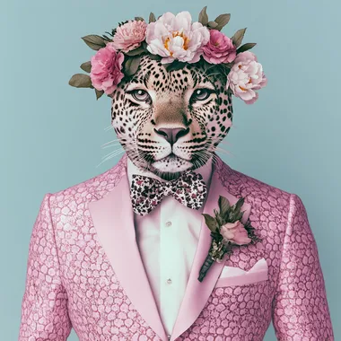 A cute leopard in a Gucci-inspired pink floral suit, white shirt, and bow tie with flowers on its head, a portrait-style photo in a clipart style, isolated on a solid background.