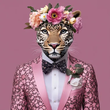 A cute leopard in a Gucci-inspired pink floral suit, white shirt, and bow tie with flowers on its head, a portrait-style photo in a clipart style, isolated on a solid background.
