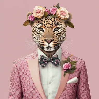 A cute leopard in a Gucci-inspired pink floral suit, white shirt, and bow tie with flowers on its head, a portrait-style photo in a clipart style, isolated on a solid background.