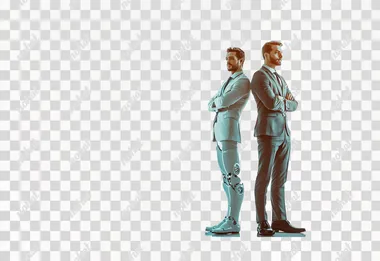 business man and roboter standing slightly back to back with crossed arms and looking friendly to me, futuristic, clean white backdrop