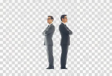 business man and roboter standing slightly back to back with crossed arms and looking friendly to me, futuristic, clean white backdrop