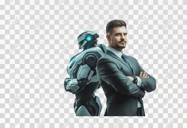 business man and roboter standing slightly back to back with crossed arms and looking friendly to me, futuristic, clean white backdrop
