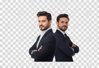 business man and roboter standing slightly back to back with crossed arms and looking friendly to me, futuristic, clean white backdrop