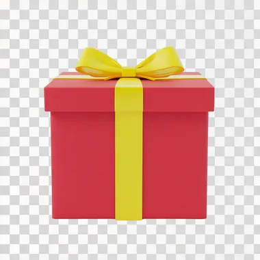 Unopened gift box; full; 3D cute style; red box; yellow ribbon; front; pure white background