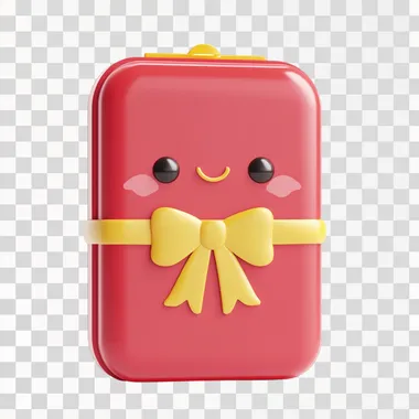 Unopened gift box; full; 3D cute style; red box; yellow ribbon; front; pure white background