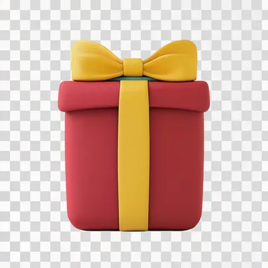 Unopened gift box; full; 3D cute style; red box; yellow ribbon; front; pure white background