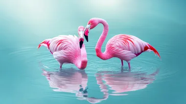 A super realistic photograph of a pair of pink flamingos gracefully standing in the water, their pink feathers reflected in the calm blue surface, gentle ripples around their feet, surrounded by soft natural light, creating a serene and picturesque scene