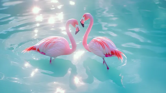 Serene Reflection: Pink Flamingos in Tranquil Waters