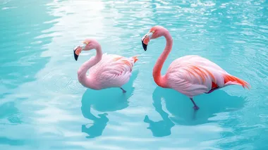 A super realistic photograph of a pair of pink flamingos gracefully standing in the water, their pink feathers reflected in the calm blue surface, gentle ripples around their feet, surrounded by soft natural light, creating a serene and picturesque scene