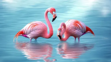 A super realistic photograph of a pair of pink flamingos gracefully standing in the water, their pink feathers reflected in the calm blue surface, gentle ripples around their feet, surrounded by soft natural light, creating a serene and picturesque scene