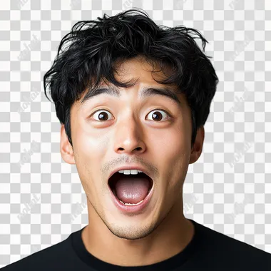 Young Korean man with a surprised expression, mouth wide open, on a white background --s 250