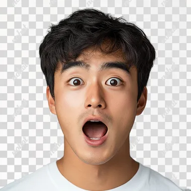 Young Korean man with a surprised expression, mouth wide open, on a white background --s 250
