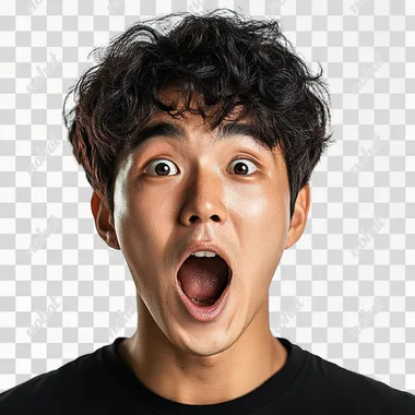 Young Korean man with a surprised expression, mouth wide open, on a white background --s 250