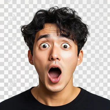 Young Korean man with a surprised expression, mouth wide open, on a white background --s 250