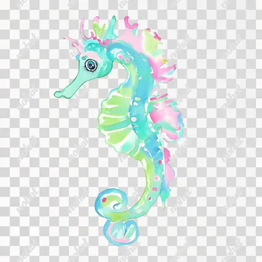 Simple cartoon vector seahorse watercolor illustration painting in Lilly Pulitzer style and preppy vibrant colors teal, mint green, pink, clipart, anatomically correct, white background