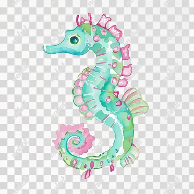 Simple cartoon vector seahorse watercolor illustration painting in Lilly Pulitzer style and preppy vibrant colors teal, mint green, pink, clipart, anatomically correct, white background