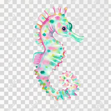 Simple cartoon vector seahorse watercolor illustration painting in Lilly Pulitzer style and preppy vibrant colors teal, mint green, pink, clipart, anatomically correct, white background