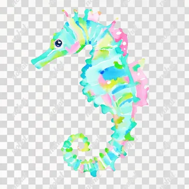 Simple cartoon vector seahorse watercolor illustration painting in Lilly Pulitzer style and preppy vibrant colors teal, mint green, pink, clipart, anatomically correct, white background
