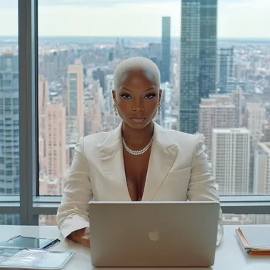 beautiful black woman, in front of a laptop, wearing a white suit, silver stud earrings, tennis necklace, Sitting at a desk in a high rise office space, New York city, soft glam, luxury esthetics, with Alopecia, clear facial features, shot on 35mm lens, super detailed, ultra detailed