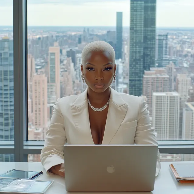 Beautiful Black Woman in White Suit at NYC Office Desk with Laptop
