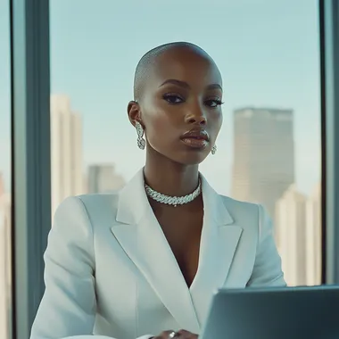 beautiful black woman, in front of a laptop, wearing a white suit, silver stud earrings, tennis necklace, Sitting at a desk in a high rise office space, New York city, soft glam, luxury esthetics, with Alopecia, clear facial features, shot on 35mm lens, super detailed, ultra detailed