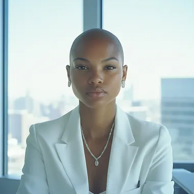 beautiful black woman, in front of a laptop, wearing a white suit, silver stud earrings, tennis necklace, Sitting at a desk in a high rise office space, New York city, soft glam, luxury esthetics, with Alopecia, clear facial features, shot on 35mm lens, super detailed, ultra detailed