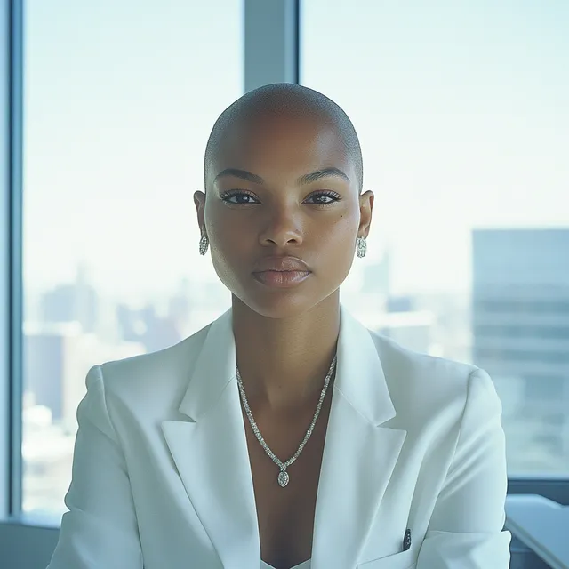 Beautiful black woman in white suit at NYC high-rise office desk