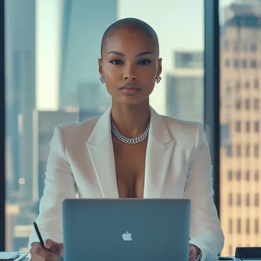 beautiful black woman, in front of a laptop, wearing a white suit, silver stud earrings, tennis necklace, Sitting at a desk in a high rise office space, New York city, soft glam, luxury esthetics, with Alopecia, clear facial features, shot on 35mm lens, super detailed, ultra detailed