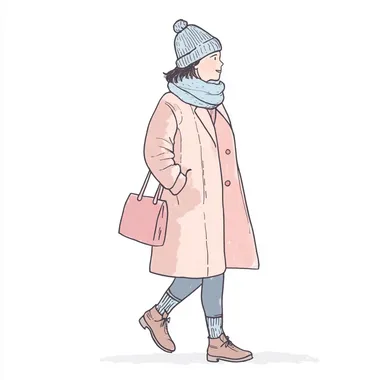 A woman is walking, wearing long coat and a muffler with a Knitted hat on her head. She wears socks. She has a shoulder bag in her hand, a bold line drawing. The background is white, in a clip art style. The colors of the character should be a pastel blue or soft pink, with a pastel, watercolor, simple lines, and simple shapes. It's like an illustration for a children's book.