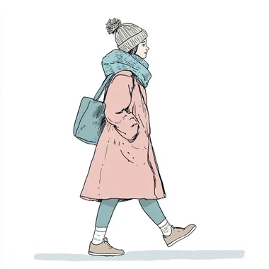 A woman is walking, wearing long coat and a muffler with a Knitted hat on her head. She wears socks. She has a shoulder bag in her hand, a bold line drawing. The background is white, in a clip art style. The colors of the character should be a pastel blue or soft pink, with a pastel, watercolor, simple lines, and simple shapes. It's like an illustration for a children's book.