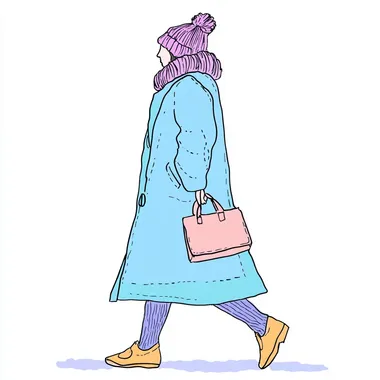A woman is walking, wearing long coat and a muffler with a Knitted hat on her head. She wears socks. She has a shoulder bag in her hand, a bold line drawing. The background is white, in a clip art style. The colors of the character should be a pastel blue or soft pink, with a pastel, watercolor, simple lines, and simple shapes. It's like an illustration for a children's book.