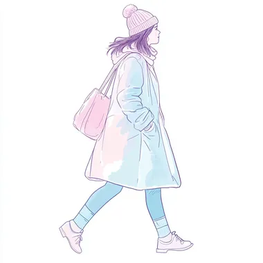 A woman is walking, wearing long coat and a muffler with a Knitted hat on her head. She wears socks. She has a shoulder bag in her hand, a bold line drawing. The background is white, in a clip art style. The colors of the character should be a pastel blue or soft pink, with a pastel, watercolor, simple lines, and simple shapes. It's like an illustration for a children's book.