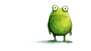 A cute green frog character with a round, chubby body and big curious eyes, standing on a plain white background, with a slightly surprised and curious expression, hands relaxed at its sides, no flag or props, soft children's storybook illustration style, full body, neutral and gentle demeanor, as if it just stumbled upon something interesting while walking  --raw