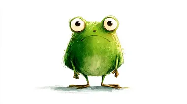 A cute green frog character with a round, chubby body and big curious eyes, standing on a plain white background, with a slightly surprised and curious expression, hands relaxed at its sides, no flag or props, soft children's storybook illustration style, full body, neutral and gentle demeanor, as if it just stumbled upon something interesting while walking  --raw