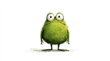 A cute green frog character with a round, chubby body and big curious eyes, standing on a plain white background, with a slightly surprised and curious expression, hands relaxed at its sides, no flag or props, soft children's storybook illustration style, full body, neutral and gentle demeanor, as if it just stumbled upon something interesting while walking  --raw