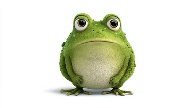 A cute green frog character with a round, chubby body and big curious eyes, standing on a plain white background, with a slightly surprised and curious expression, hands relaxed at its sides, no flag or props, soft children's storybook illustration style, full body, neutral and gentle demeanor, as if it just stumbled upon something interesting while walking  --raw