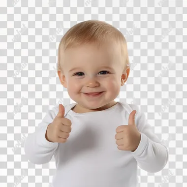 A very cute European baby or toddler, aged 1-2 years, with both hands placed in front of the chest giving a thumbs up, a white long-sleeved shirt, with fair skin, smiling happily, on a white background, super cute, standing high definition, close-up, close-up, 4K, HD   --s 50