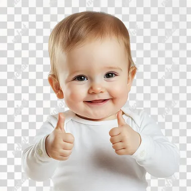 A very cute European baby or toddler, aged 1-2 years, with both hands placed in front of the chest giving a thumbs up, a white long-sleeved shirt, with fair skin, smiling happily, on a white background, super cute, standing high definition, close-up, close-up, 4K, HD   --s 50