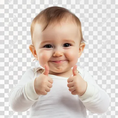 A very cute European baby or toddler, aged 1-2 years, with both hands placed in front of the chest giving a thumbs up, a white long-sleeved shirt, with fair skin, smiling happily, on a white background, super cute, standing high definition, close-up, close-up, 4K, HD   --s 50