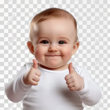 A very cute European baby or toddler, aged 1-2 years, with both hands placed in front of the chest giving a thumbs up, a white long-sleeved shirt, with fair skin, smiling happily, on a white background, super cute, standing high definition, close-up, close-up, 4K, HD   --s 50