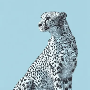 A blue cheetah illustration on a solid light blue background, with simple line art and a minimalist design, resulting in high contrast.