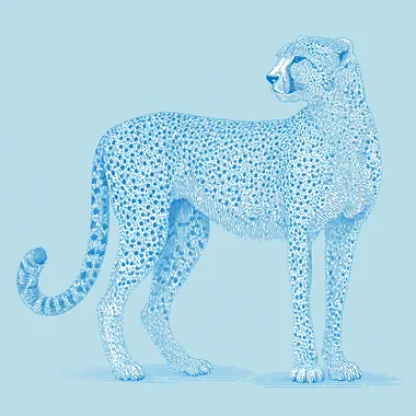 A blue cheetah illustration on a solid light blue background, with simple line art and a minimalist design, resulting in high contrast.