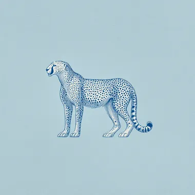 A blue cheetah illustration on a solid light blue background, with simple line art and a minimalist design, resulting in high contrast.