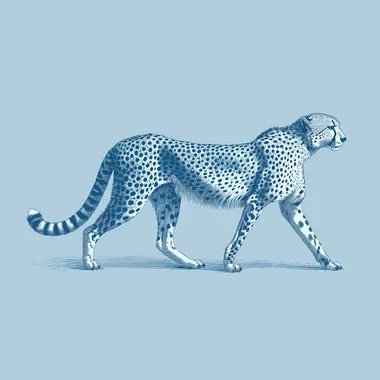 A blue cheetah illustration on a solid light blue background, with simple line art and a minimalist design, resulting in high contrast.