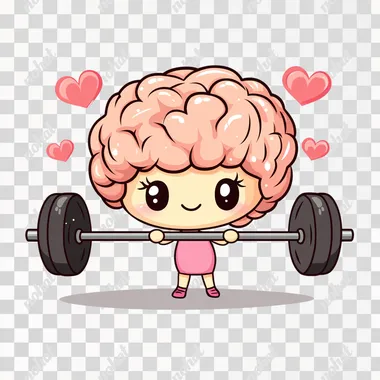A cute, kawaii brain lifting weights with barbells in its hands, clipart sublimation vector on a white background.