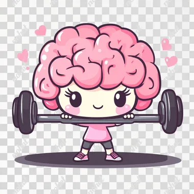 A cute, kawaii brain lifting weights with barbells in its hands, clipart sublimation vector on a white background.