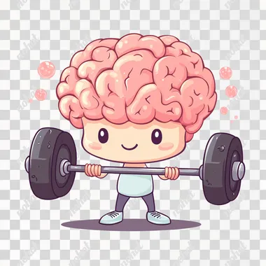 A cute, kawaii brain lifting weights with barbells in its hands, clipart sublimation vector on a white background.
