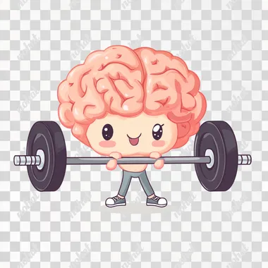 A cute, kawaii brain lifting weights with barbells in its hands, clipart sublimation vector on a white background.
