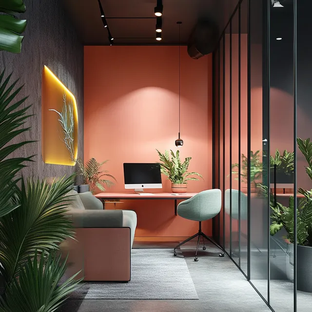 Small Modern Office Interior with Desk, Chair, Plants, and Natural Light