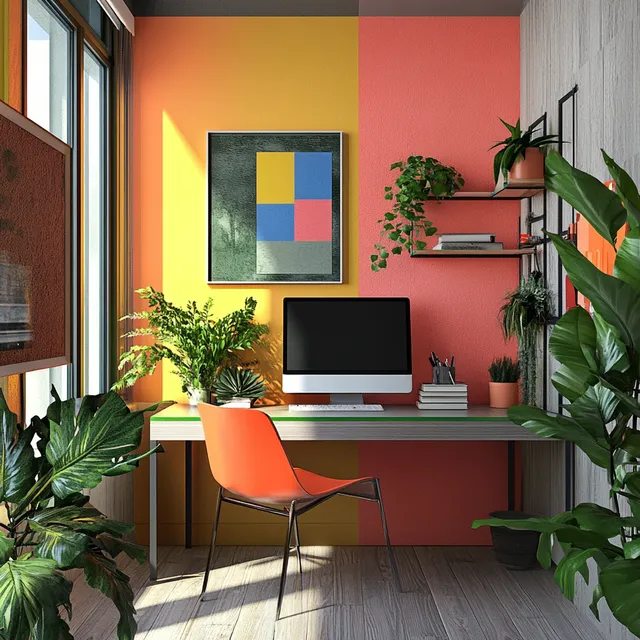 Small Modern Office Interior with Desk, Computer, Vibrant Colors, Plants